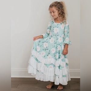 Mint & White Floral Tiered-Ruffled Maxi Dress